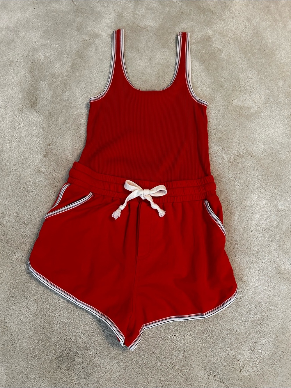 FP Movement Red Ribbed Tank Romper with Contrast Trim